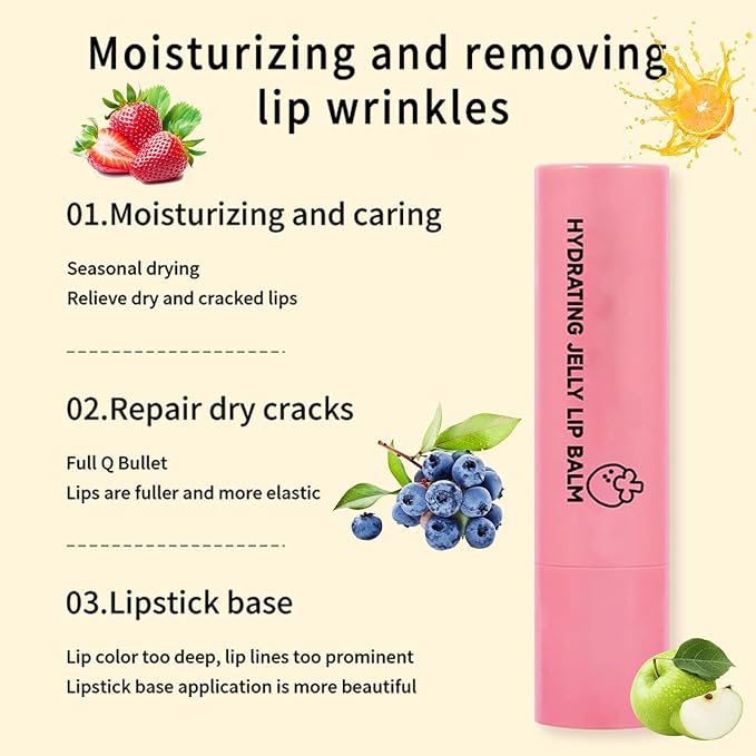 4 Colors Hydrating Jelly Lip Balm,Instantly Hydrate Lips Tinted Moisturizing Lip Balm For Dry Lips,Conditioning & Nourishing Lip Care Lip Moisturizer Fruit Lip Oil Jelly Lipstick (Blueberry)-Velvo Beauty