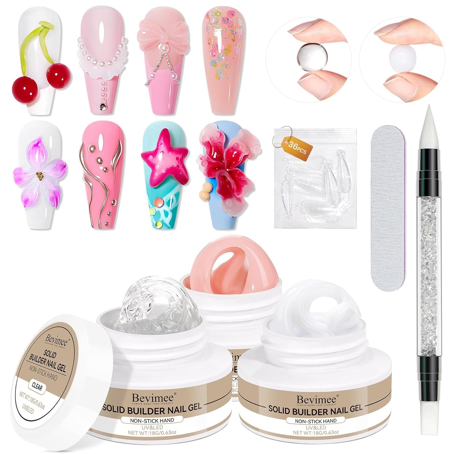 Solid Builder Gel for Nails 3PCS, 3D Hard Gel for Nail Art Sculpting Non-Stick Hand, Clear White Nude for Modeling, Sculpture, Nail Extension UV/Led Manicure DIY At Home 18g*3Colors-Velvo Beauty