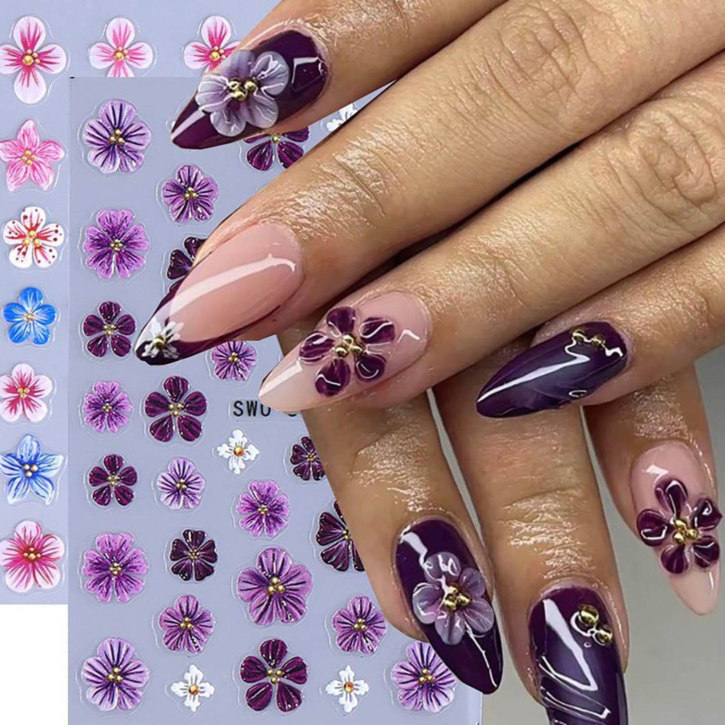 4 Sheets Flower Nail Art Stickers 3D Self-Adhesive Blossom Nails Sticker Spring Nail Art Decals Holographic Daisy Nails Decal Decoration for Women Colorful Flowers Manicure DIY Nail Supplies-Velvo Beauty
