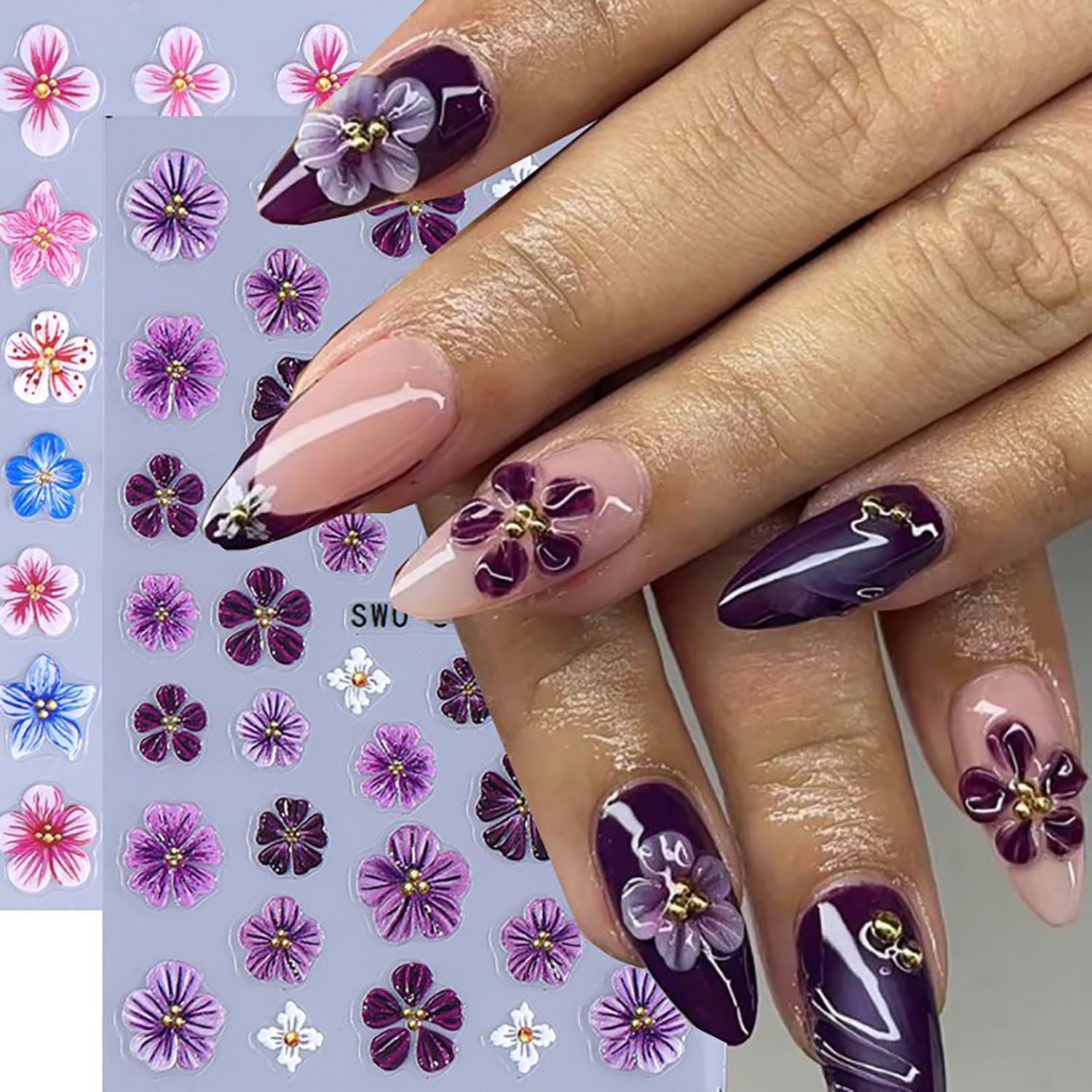 4 Sheets Flower Nail Art Stickers 3D Self-Adhesive Blossom Nails Sticker Spring Nail Art Decals Holographic Daisy Nails Decal Decoration for Women Colorful Flowers Manicure DIY Nail Supplies-Velvo Beauty