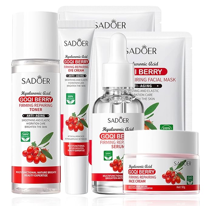 Goji Berry Skincare Sets, 6 In 1 Complete Facial Care Kit Antioxidant, Anti Aging Skin Care Set For Tighten, Lift & Reduce Wrinkles, Goji Berries Face Care Set For Women, Beauty Gift Set For Girls-Velvo Beauty