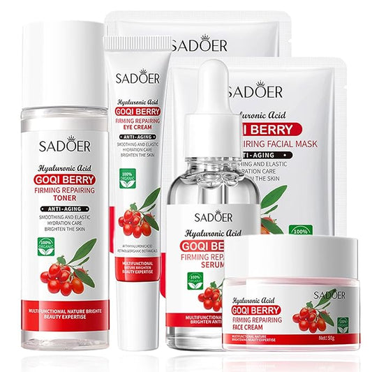 Goji Berry Skincare Sets, 6 In 1 Complete Facial Care Kit Antioxidant, Anti Aging Skin Care Set For Tighten, Lift & Reduce Wrinkles, Goji Berries Face Care Set For Women, Beauty Gift Set For Girls-Velvo Beauty