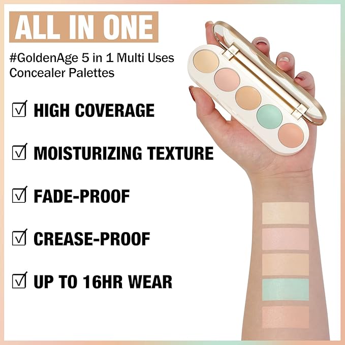 FOCALLURE #GoldenAge 5 in 1 Multi Uses Concealer Palette, 5 Colors Correcting Conceal Palette, Camouflage Contour Palettes for Dark Circles, Face Contouring Highlighter Pallet, CC01 LIGHT-CORRECTING-Velvo Beauty
