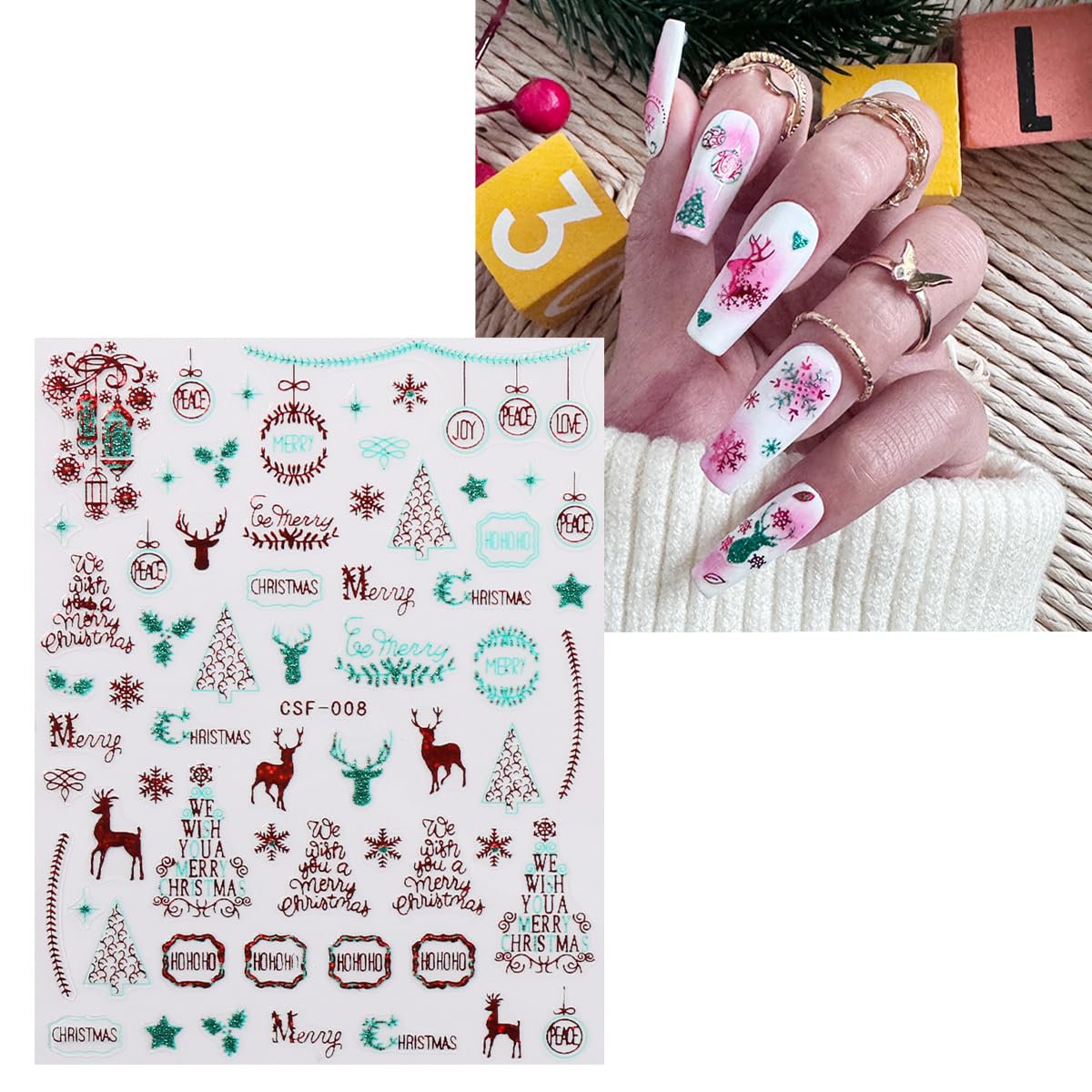 JMEOWIO 9 Sheets Christmas Glitter Nail Art Stickers Decals Self-Adhesive Green Red Snowflake Winter Holiday Nail Supplies Nail Art Design Decoration Accessories-Velvo Beauty