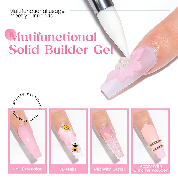 MIZHSE Solid Nail Builder Gel, 2.1 oz 60g Pink Builder Gels for Nails Non-Sticky Solid Builder Extensions Hard Gel with 24pcs Dual Forms and Silicone Pen 3D Art Manicure Set-Velvo Beauty