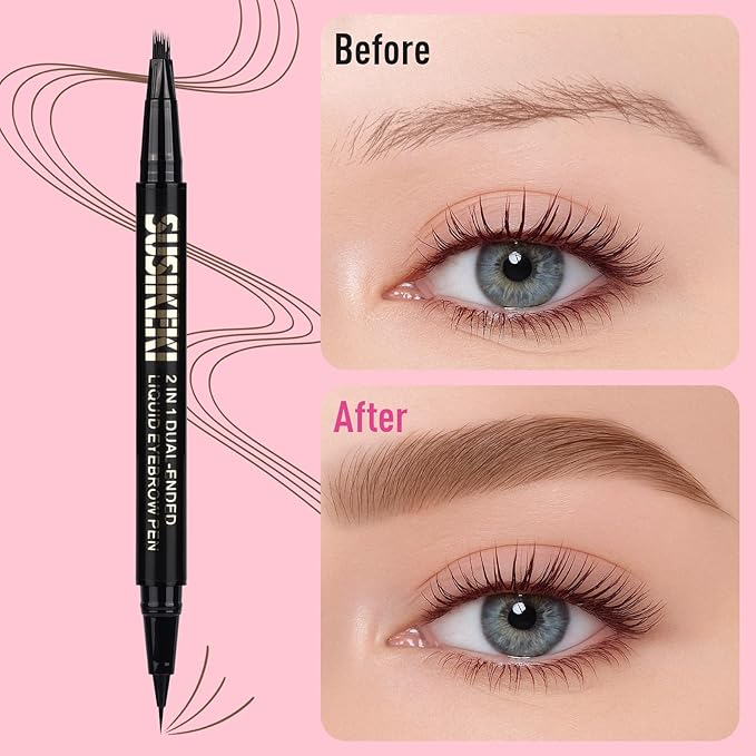 Dual Ended Microblading Eyebrow Pen - 2 in 1 Liquid Eyebrow Pencil with Brow-Fection Angled Brush & Precise Detail Brush-Tip, Shapes & Fills Hair-Like Looking Brows, Lasts All-Day, Brown-Velvo Beauty