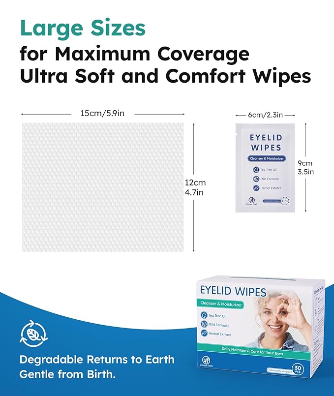 Eyelid Cleansing Wipes for Dry Eye & Blepharitis, Tea Tree Oil Hypoallergenic Eye Wipes for Sensitive Itchy Eyes, Individually Wrapped Eyelid WipesTravel Essentials (30 Count)-Velvo Beauty