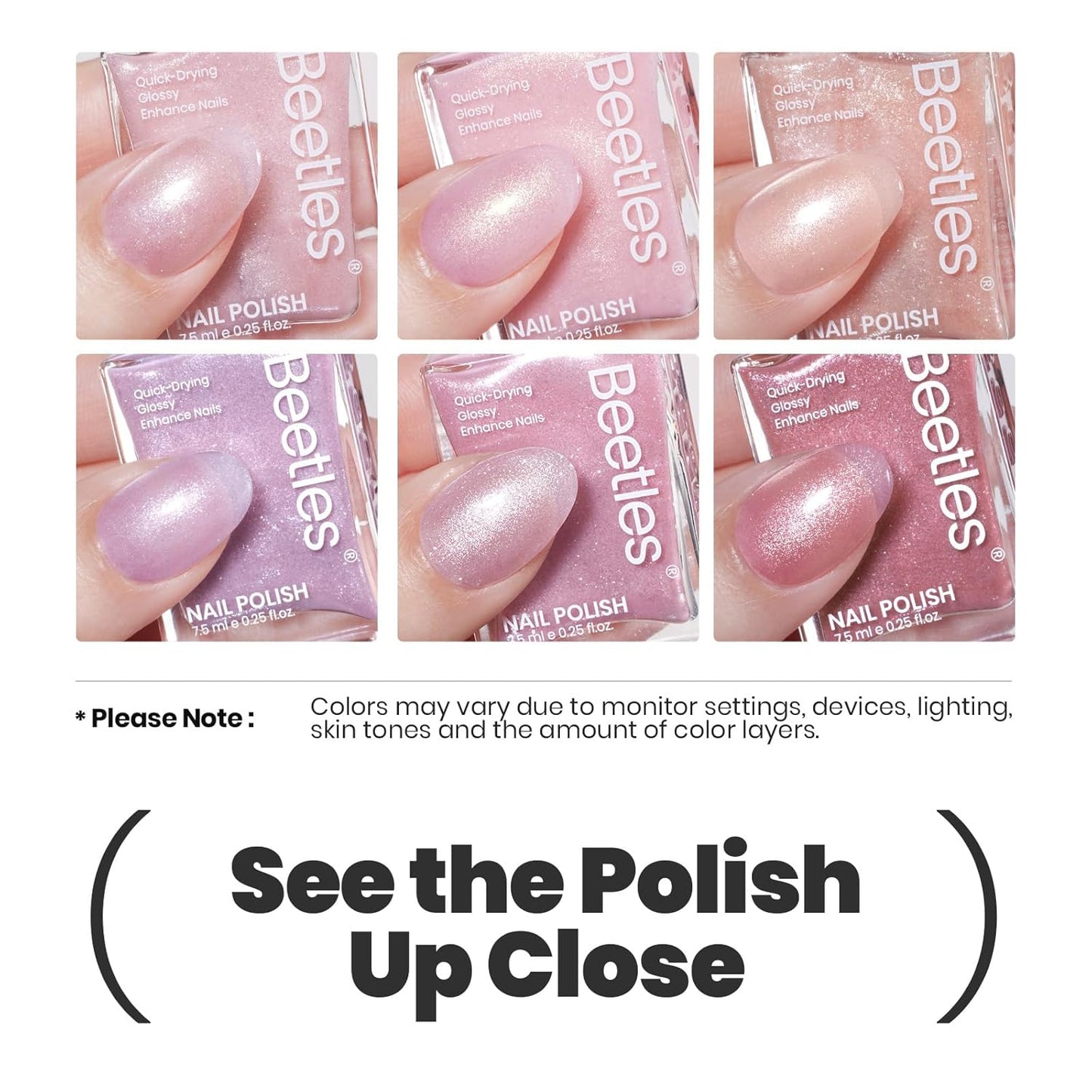 Beetles Pink Nail Polish Set, 6 Colors Glitter Quick Dry Nail Polish Kit Sly Moonlit Fairy Fingernail Polish Gifts for Women Salon DIY Manicure Kit-Velvo Beauty