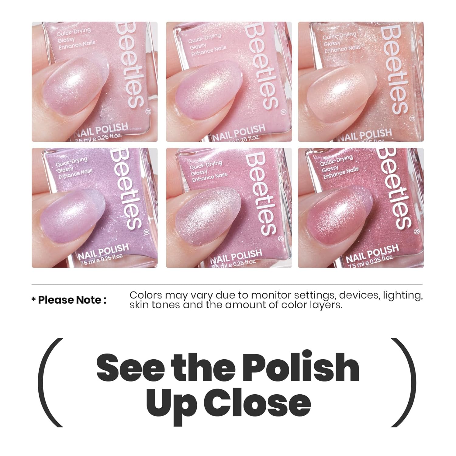 Beetles Pink Nail Polish Set, 6 Colors Glitter Quick Dry Nail Polish Kit Sly Moonlit Fairy Fingernail Polish Gifts for Women Salon DIY Manicure Kit-Velvo Beauty