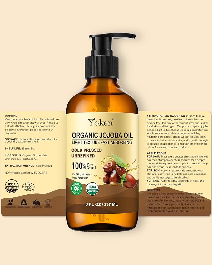 Yoken Organic Jojoba Oil Glass Bottle 8 fl oz, USDA Certified 100% Pure & Natural Jojoba Oil for Hair, Skin & Face, Cold Pressed Unrefined Hexane Free, Deeply Moisturizing Body Serum Oils for Gua Sha-Velvo Beauty
