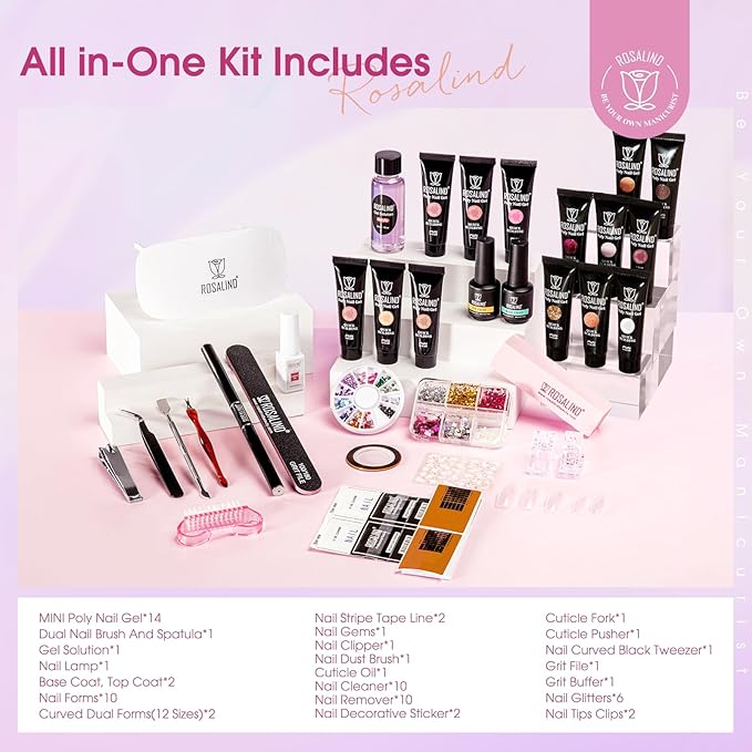 ROSALIND Poly Nail Gel Colors Kit -14 Colors +72 Nail Art Accessories kit Glitter Poly Nails Gel Kit Starter Kit with Mini UV Lamp Slip Solution Nude Pink Poly Nail Art for Beginners with Everything-Velvo Beauty