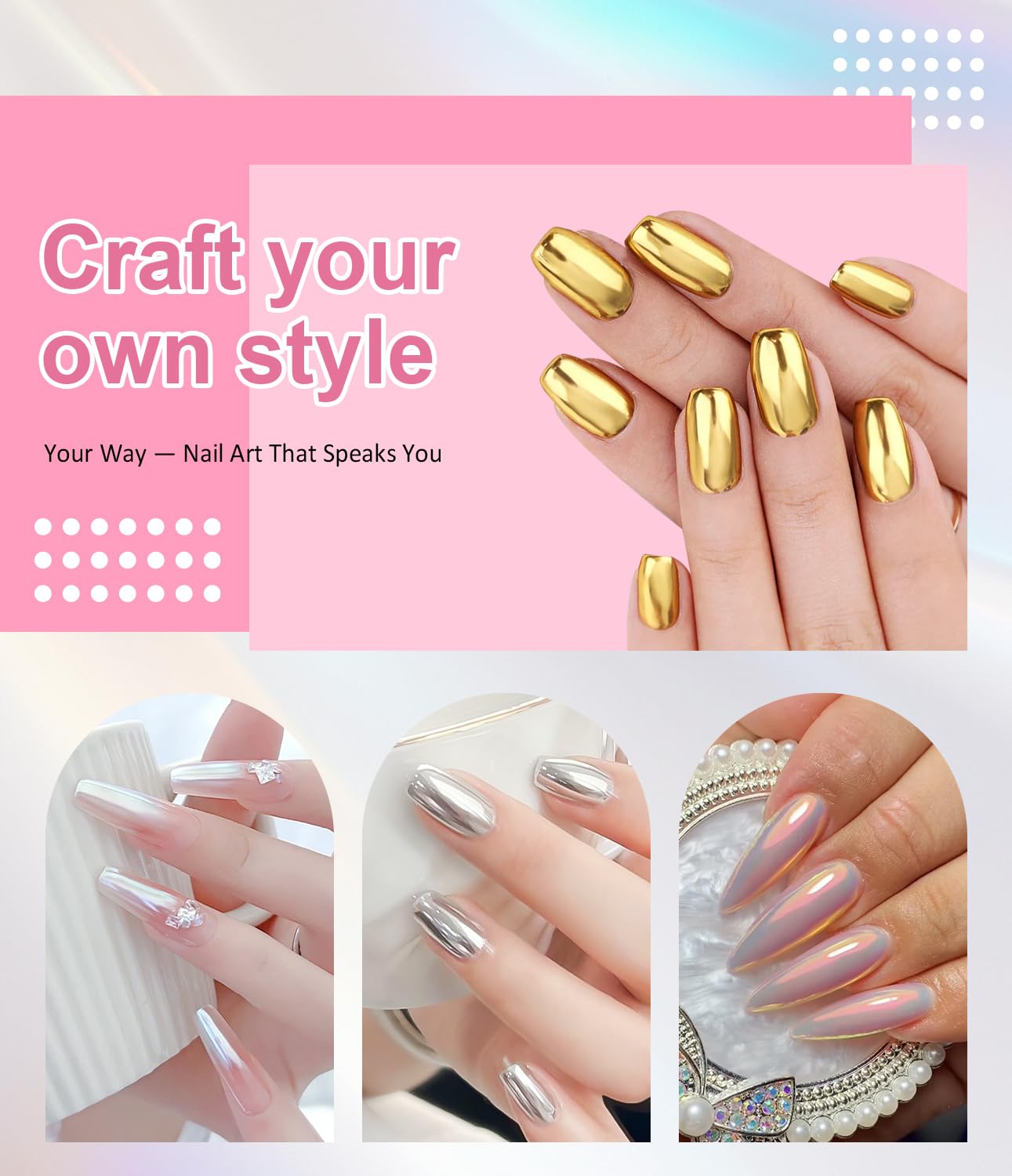 Gold Chrome Nail Powder 24K Mirror Effect BISHENGYF - Pink Gold Nail Chrome Powder Aurora Mermaid Mirror Effect Powder, White Pearl Iridescent Holographic Metallic Pigment Dust for Nail Art Decoration-Velvo Beauty