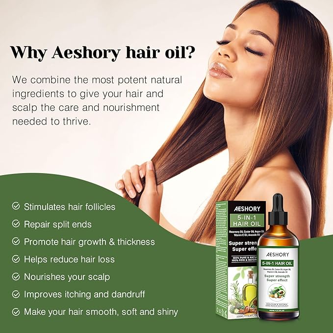 Aeshory Hair Oil - 5 IN 1 Hair Care Oil with Rosemary, Castor, Argan, Vitamin E, and Avocado for Hair Growth and Strengthening - Nourishing and Volumizing 3.38 fl oz-Velvo Beauty