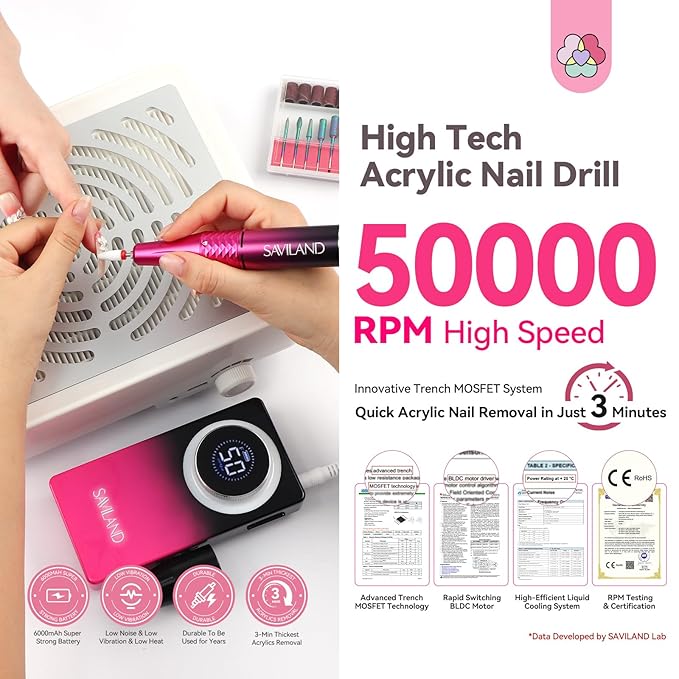 SAVILAND Electric Nail Drill 50000 RPM: Cordless Electric Nail File 10 H Battery Life Rechargeable Nail Drill Kit with Ceramic Drill Bits for Acrylic Nail Removal Ambient Light Black and Pink Ombre-Velvo Beauty