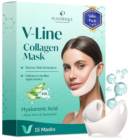 PLANTIFIQUE V-Line Collagen Mask for face 15 PCS | Chin Strap for Women & Men | V Line Lifting Mask with Collagen and Hyaluronic Acid V Shape Face Tape Chin | Skin Firming-Velvo Beauty