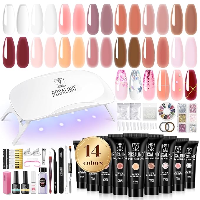 ROSALIND Poly Nail Gel Kit -14 Colors +72 Nail Art Accessories kit Clear Nude Poly Nails Gel Kit Starter Kit with Mini UV Lamp Slip Solution Basic Tools for Beginners with Everything-Velvo Beauty
