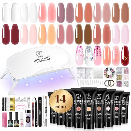 ROSALIND Poly Nail Gel Kit -14 Colors +72 Nail Art Accessories kit Clear Nude Poly Nails Gel Kit Starter Kit with Mini UV Lamp Slip Solution Basic Tools for Beginners with Everything-Velvo Beauty