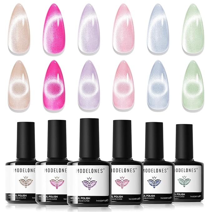 Modelones Cat Eye Gel Nail Polish, 6 Colors Glitter Summer Pink Blue Green Blue Gel Polish Set with Magnet Sparkle Translucent Nail Polish Kit Soak Off Led Nail Art Manicure Salon DIY Gifts-Velvo Beauty