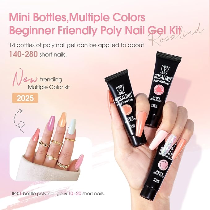 ROSALIND Poly Nail Gel Kit -14 Colors +72 Nail Art Accessories kit Nude Pink Poly Nails Gel Kit Starter Kit with Mini UV Lamp Slip Solution Basic Poly Nail Art Tools for Beginners with Everything-Velvo Beauty