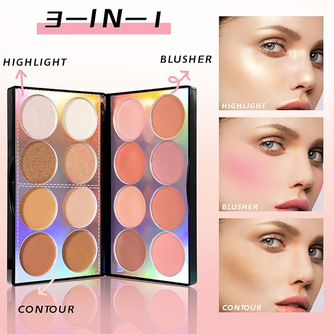 16 Colors Blush Contour Highlighter Makeup Palette, All-in-One Shimmer Silky Matte Mineral Blush Powder Palette, Face Sculpting Bronzer Blusher Illuminator Palette for a Natural Glowing-Velvo Beauty
