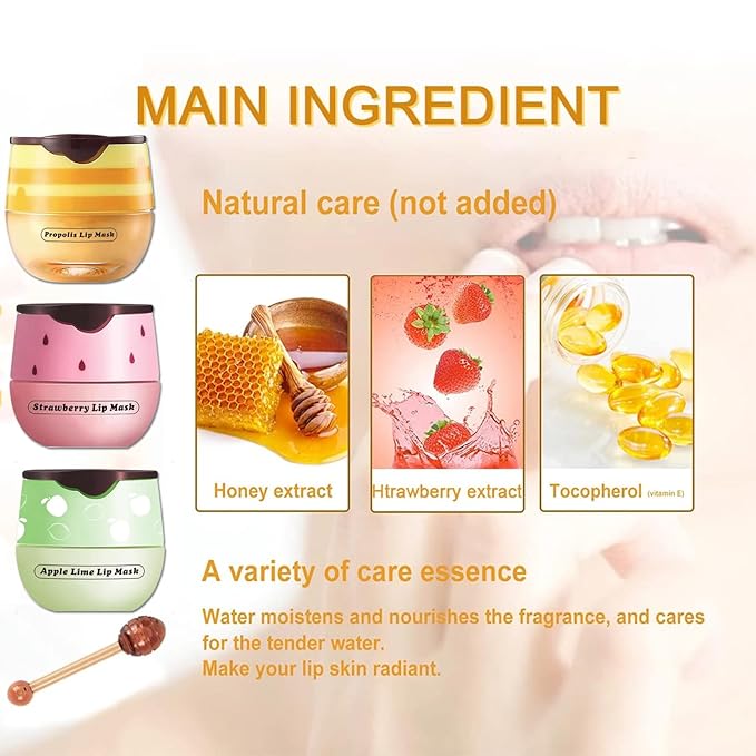 3 PCS Bee Lip Mask Lip Balm Honey Pot, Strawberry & Honey Lip Sleeping Mask Hydrating Prevention Dry and Cracked Lip Scrubs Exfoliator,Lip Mask Overnight Reduces Lip Lines-Velvo Beauty