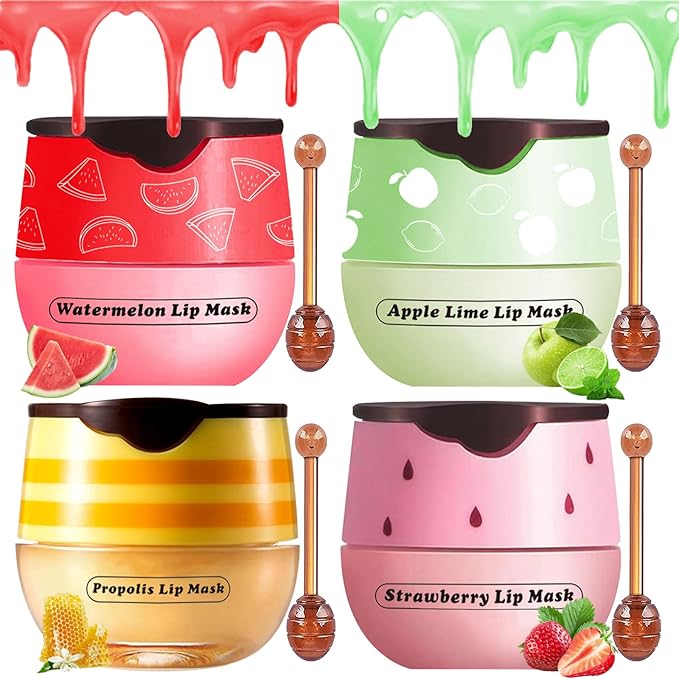 Honey Lip Balm Pot, 4 Pcs Honey & Strawberry & Apple Lime & Watermelon Lip Mask Propolis Lip Mask Moisturizing Hydrating Prevention Dry and Cracked Lip Scrubs Exfoliator-Velvo Beauty