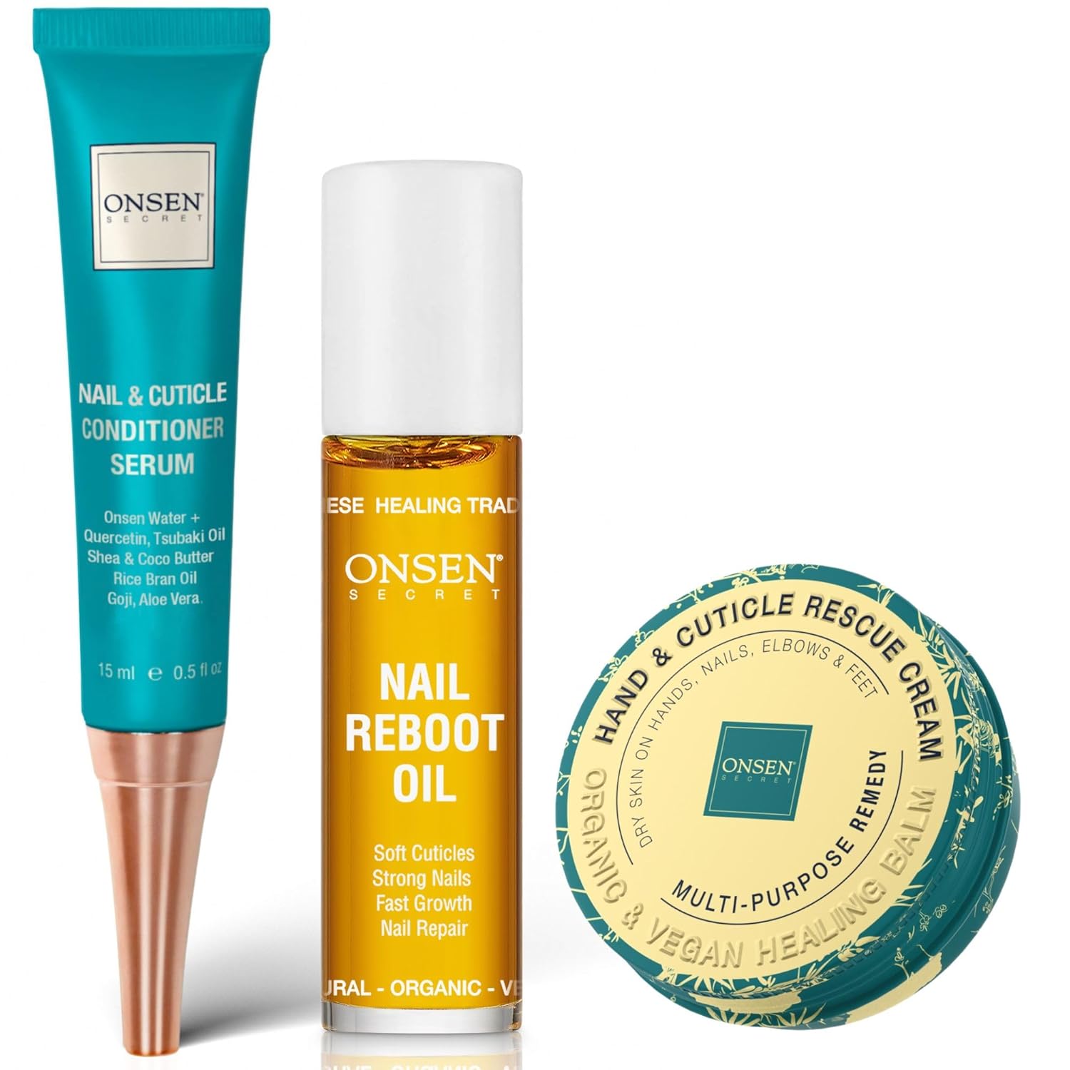 Onsen Nail & Cuticle Rescue Kit - Conditioner Serum, Repair Oil & Cuticle Balm - Tsubaki, Shea Butter, Jojoba - Strengthens Nails, Softens Cuticles, Hydrates Skin (15ml Serum + 10ml Oil + 26ml Cream)-Velvo Beauty