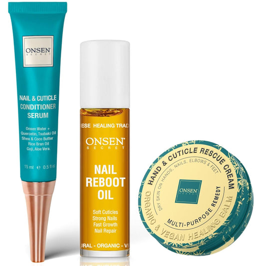 Onsen Nail & Cuticle Rescue Kit - Conditioner Serum, Repair Oil & Cuticle Balm - Tsubaki, Shea Butter, Jojoba - Strengthens Nails, Softens Cuticles, Hydrates Skin (15ml Serum + 10ml Oil + 26ml Cream)-Velvo Beauty