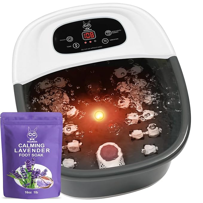 Foot Spa Bath Massager with Heat Bubbles and Vibration Massage and Jets, 16 OZ Calming Lavender Foot Soak Epsom Salt, MoodRelish Foot Soaker with Red Light, 22 Massage Rollers, Adjustable Temp - Black-Velvo Beauty
