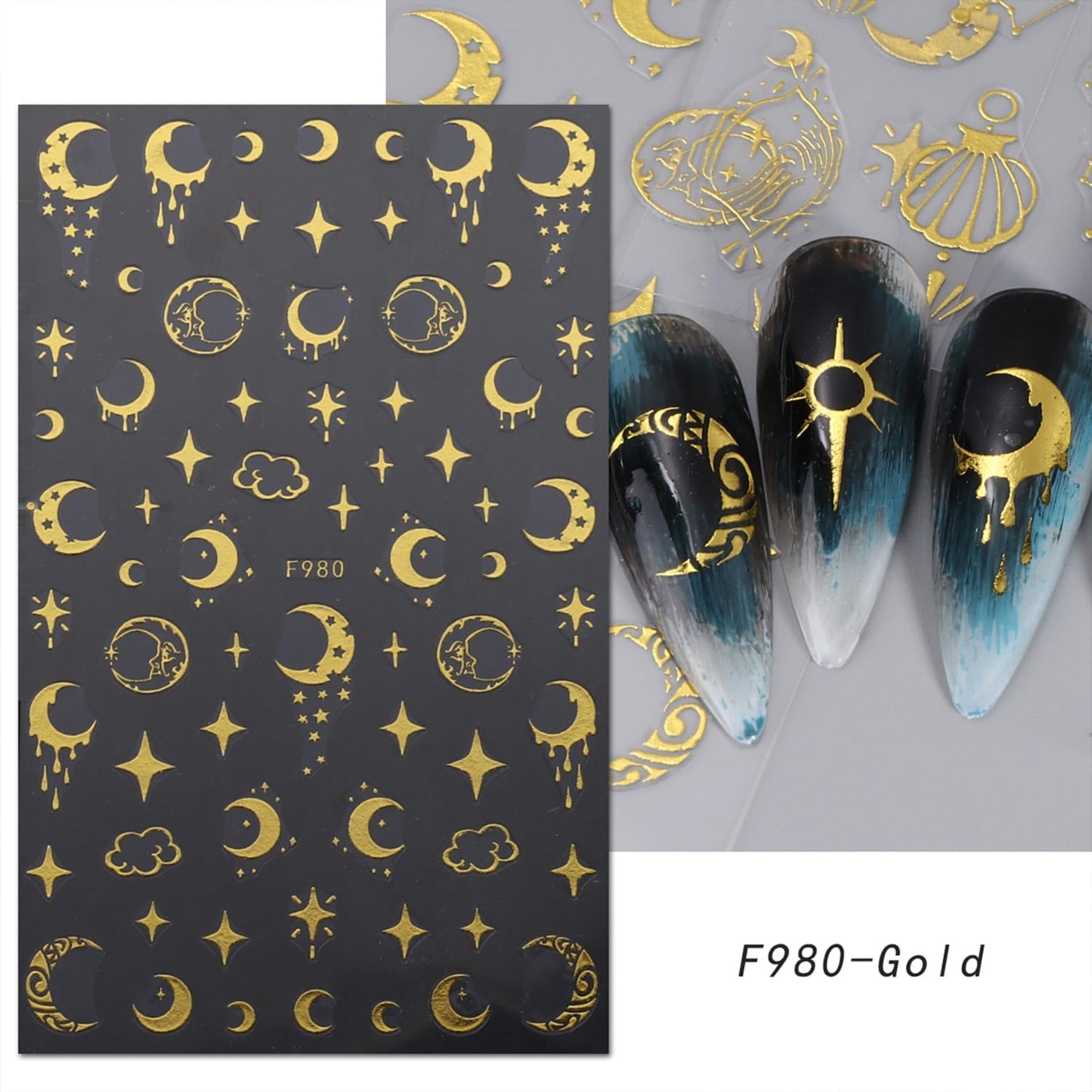 5 Sheets Metallic Gold Nail Art Stickers 3D Self-Adhesive Nails Stickers Bohemian Sun Moon Hexagram 3D Decal Supplies Women DIY Gold Metal Nail Art Decoration-Velvo Beauty