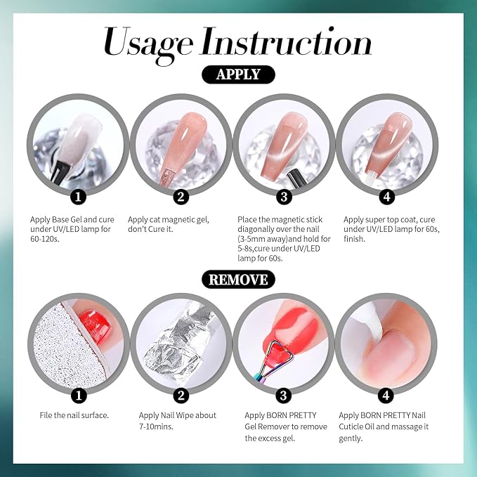 Born Pretty Cat Magnetic Eye Gel Nail Polish, 6 Colors 9D Magnetic Glitter Gel Polish Set Black Blue Purple Green Nail Polish Kit Soak Off LED Nail Art DIY Salon Gift-Velvo Beauty