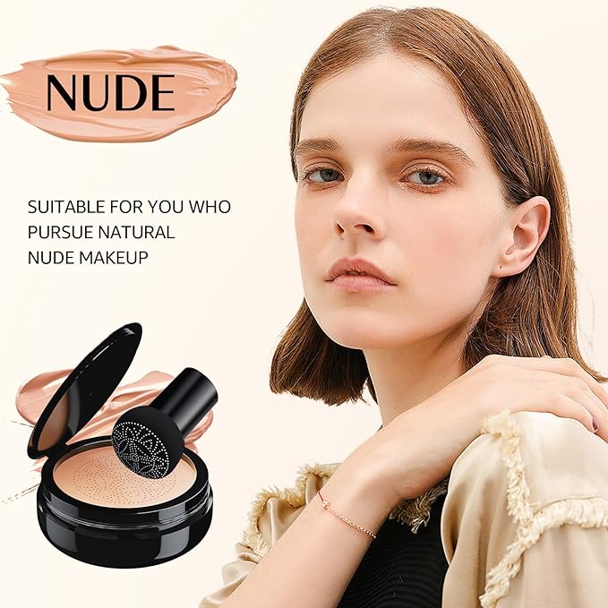 Mushroom Head Air Cushion CC Cream Foundation - Moisturizing & Long-Lasting BB Cream Concealer Makeup Base for All Skin Types, Brighten Long - Lasting Even Color Correcting Concealer (Nude)-Velvo Beauty