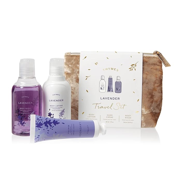 Thymes Travel Set and Beauty Bag - Contains Body Wash, Body Lotion & Hand Cream - Lavender-Velvo Beauty
