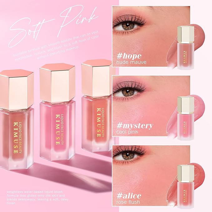 KIMUSE Soft Pink Gel-Cream Blush Trio, Liquid Blush for Cheeks, Weightless, Long-Wearing, Smudge Proof, Natural-Looking, Dewy Finish, Skin Tint Blush Makeup, 0.42 Fl Oz (love pink)-Velvo Beauty