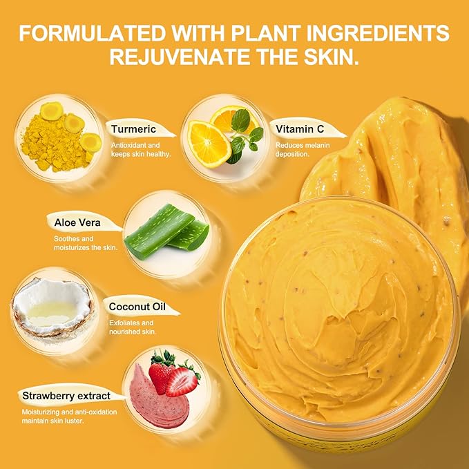 Vitamin C and Turmeric Face Scrub Cream Organics Microdermabrasion Facial Scrub Exfoliating Clears Blackheads Improve Dark Spot Acne with Strawberry Extract Exfoliator 130g/4.5oz-Velvo Beauty