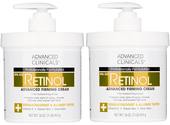 Advanced Clinicals Retinol Cream Face Moisturizer | Crepey Skin Care Treatment | Fragrance Free Body Lotion Targets Look Of Crepe Skin, Wrinkles, & Sagging Skin, 16 Oz (2-Pack)-Velvo Beauty