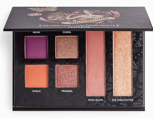 Reina Rebelde Multi-Palette Face + Eyes Color Eyeshadow Blush & Highlighter Palette (Presumida) - Matte Violet, Matte Terracotta, Rose Gold Shimmer, Fire Shimmer, Mauve Blush, Warm Peach Highlight-Velvo Beauty