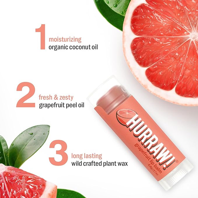 Hurraw! Grapefruit Lip Balm, 3 Pack: Organic, Certified Vegan, Cruelty and Gluten Free. Non-GMO, 100% Natural Ingredients. Bee, Shea, Soy and Palm Free. Made in USA-Velvo Beauty