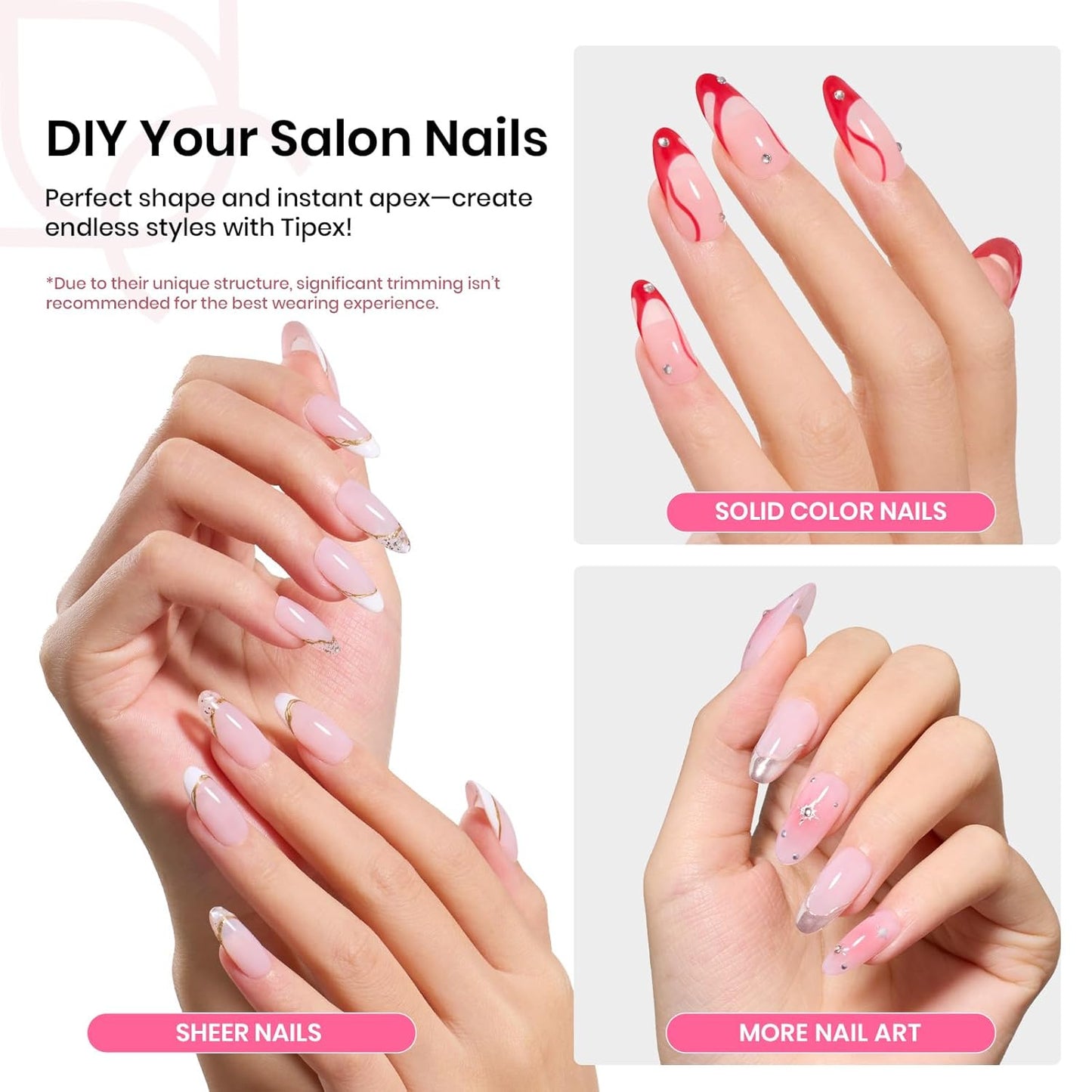 Beetles Tipex Instant Apex Nail Tips Kit, Medium Oval Almond 224Pcs 16 Sizes Pre-Building & Pre-Etched Thicker Acrylic Nails False Nail Extension with Tipex Nail Glue Mini Nail Lamp-Velvo Beauty