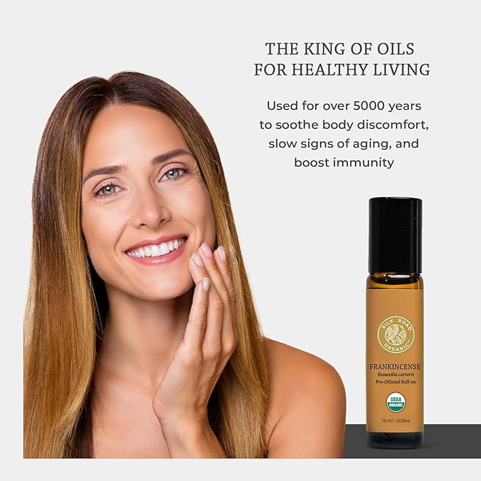 Silk Road Organic Frankincense Carterii Essential Oil Roll On, 100% Pure USDA Certified Aromatherapy for Radiant Skin, Body Aches, Stress Relief, & Calm - 10 ml Roller-Velvo Beauty