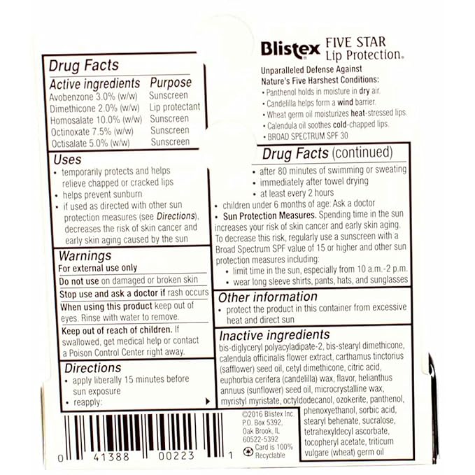 Blistex Five Star Lip Protection SPF 30 0.15 oz Pack of 5-Velvo Beauty