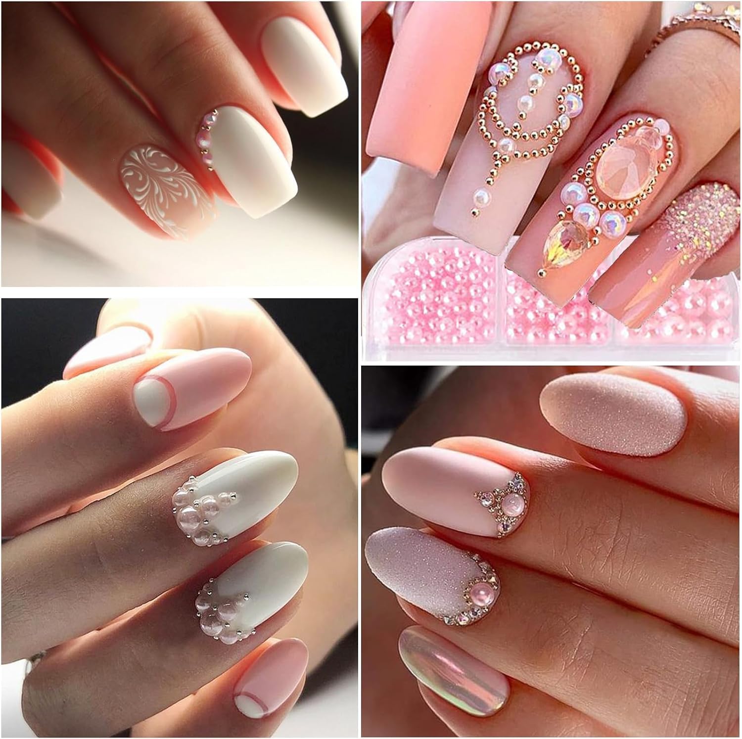 Nail Art Pearls with Rhinestones Glue Gel Flatback Pearls Nail Charms Luxurious Nails Supplies Accessories Gold Silver Gems Jewelry Pearl for Women Nails Design(Pink)-Velvo Beauty