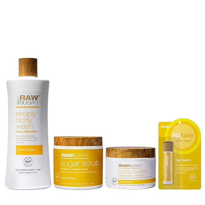 Raw Sugar Lemon Sugar Body Love Bundle - Hydrating,Moisturizing Body Wash, Body Scrub, Body Butter & Lip Balm, Clean, Made with Plant-Derived Ingredients, Formulated without Sulfates and Parabens-Velvo Beauty