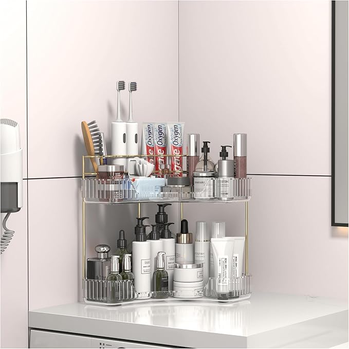 Makeup Organizer Countertop 2 Tier, Corner Bathroom Countertop Organizer with Toothbrush and Makeup Brush Holder, Corner Vanity Tray for Skincare Organization-Velvo Beauty