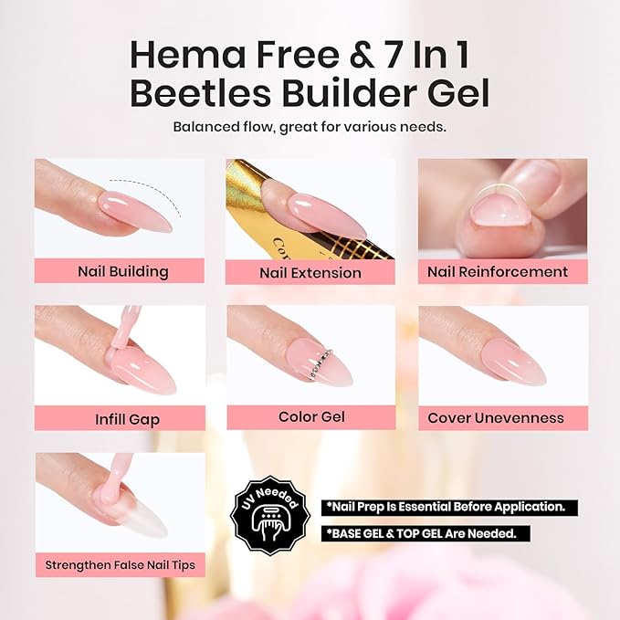 Beetles Builder Gel 15ML, 7 in 1 Builder Strengthener Gel Translucent Pink Nude Gel Nail Extension Brush in Bottle UV Gel Nail Polish, No Slip Solution Need Base Gel Needed-Velvo Beauty
