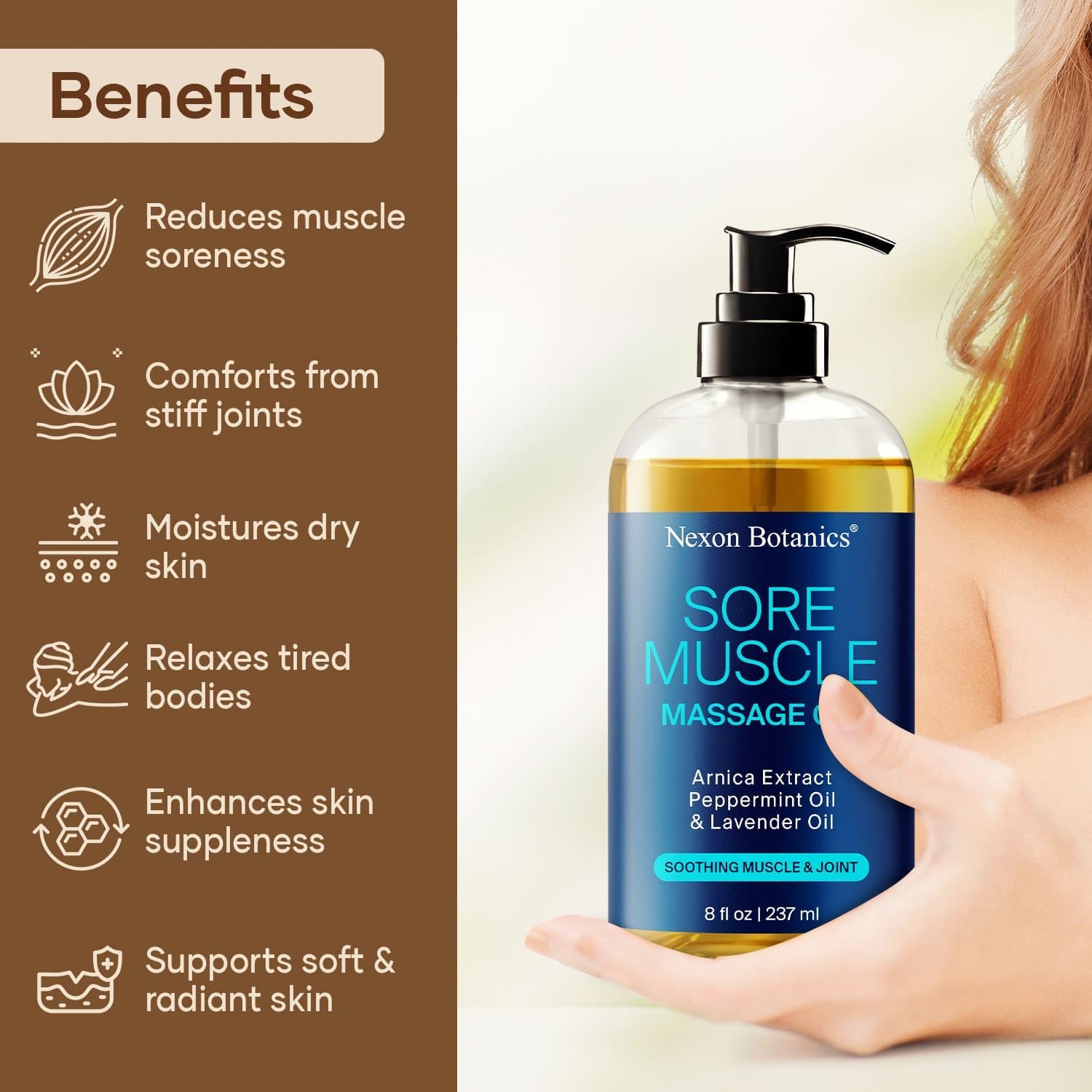 Sore Muscle Massage Oil for Massage Therapy 8 fl oz - Refreshing and Relaxing - Natural Oils with Arnica, Peppermint and Lavender Oil - for Men and Women - Nexon Botanics-Velvo Beauty