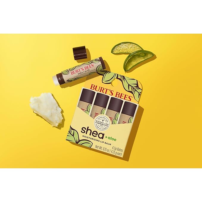 Burt's Bees Lip Balm Mothers Day Gifts for Mom - Shea and Aloe Lip Moisturizer With Responsibly Sourced Beeswax, Tint-Free, Natural Origin Conditioning Lip Treatment, 4 Tubes, 0.15 oz.-Velvo Beauty