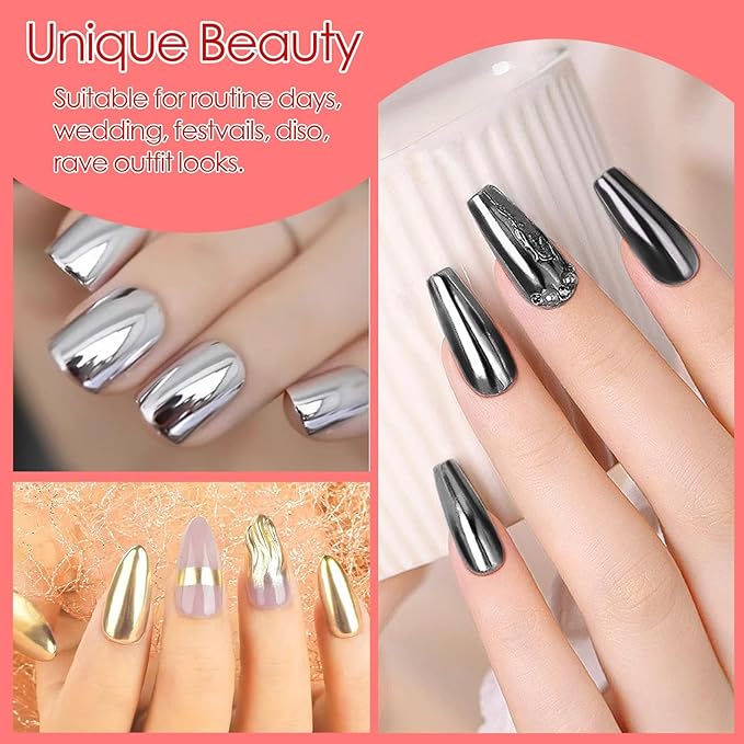Allstarry Chrome Nail Powder, Metallic Mirror Effect Pigment Chrome Holographic Nail Glitter Magic Unicorn Glitter Dust Kit for Manicure Valentines Nail Art Decoration- Pink Silver Grey Series-Velvo Beauty