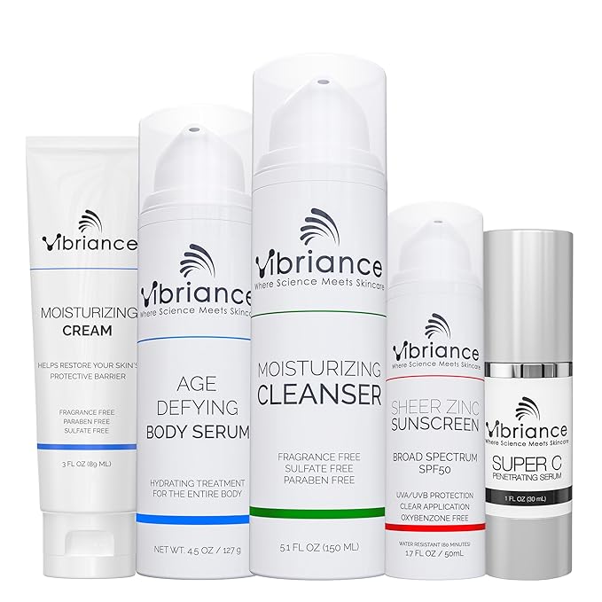 Vibriance Premium Skincare Bundle | Super C All-in-One Serum, Face Cleanser, Moisturizing Cream, Sheer Zinc Sunscreen SPF 50, Age Defying Body Creme - Heal, Hydrate, Protect, Rejuvenate-Velvo Beauty