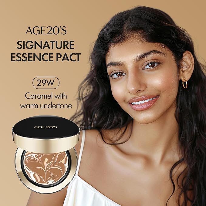 AGE20'S Signature Essence Pact SPF 50+ | Pack of 1 | 29W CARAMEL | Cream Foundation, Dewy Finish, Natural Coverage | Korean Cushion Foundation-Velvo Beauty